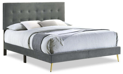 Gabi Upholstered Bed in Charcoal Velvet Fabric with Gold Finish Legs, Button Tufted - King Size | Lit rembourré Gabi en tissu de velours anthracite avec pattes au fini doré et capitonnage à boutons - format très grand lit