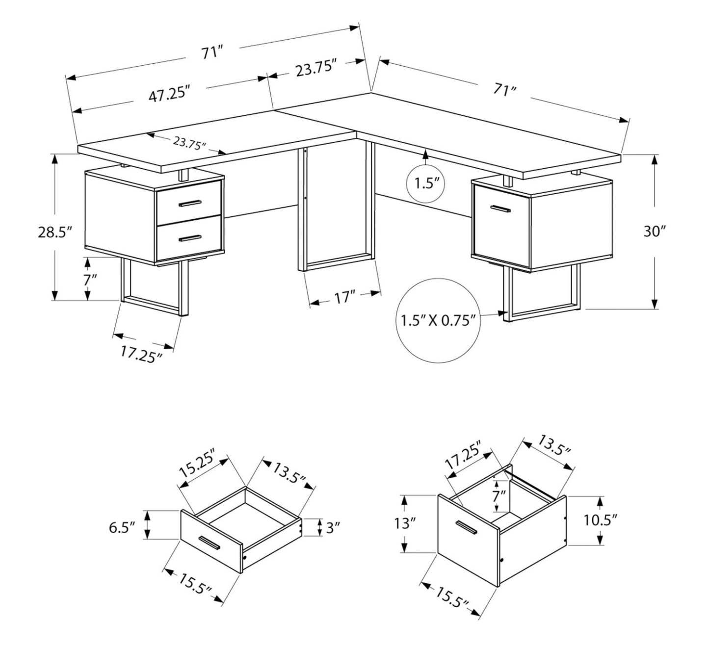 Bureau en coin en forme de L réversible Marnie de 71 po à 3 tiroirs - gris