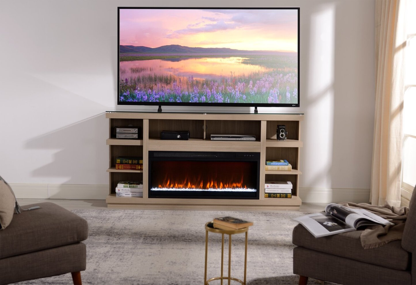 Axel 74 Meuble pour téléviseur moderne avec foyer électrique, rangement et système de gestion des câbles pour téléviseurs jusqu'à 85 po - taupe