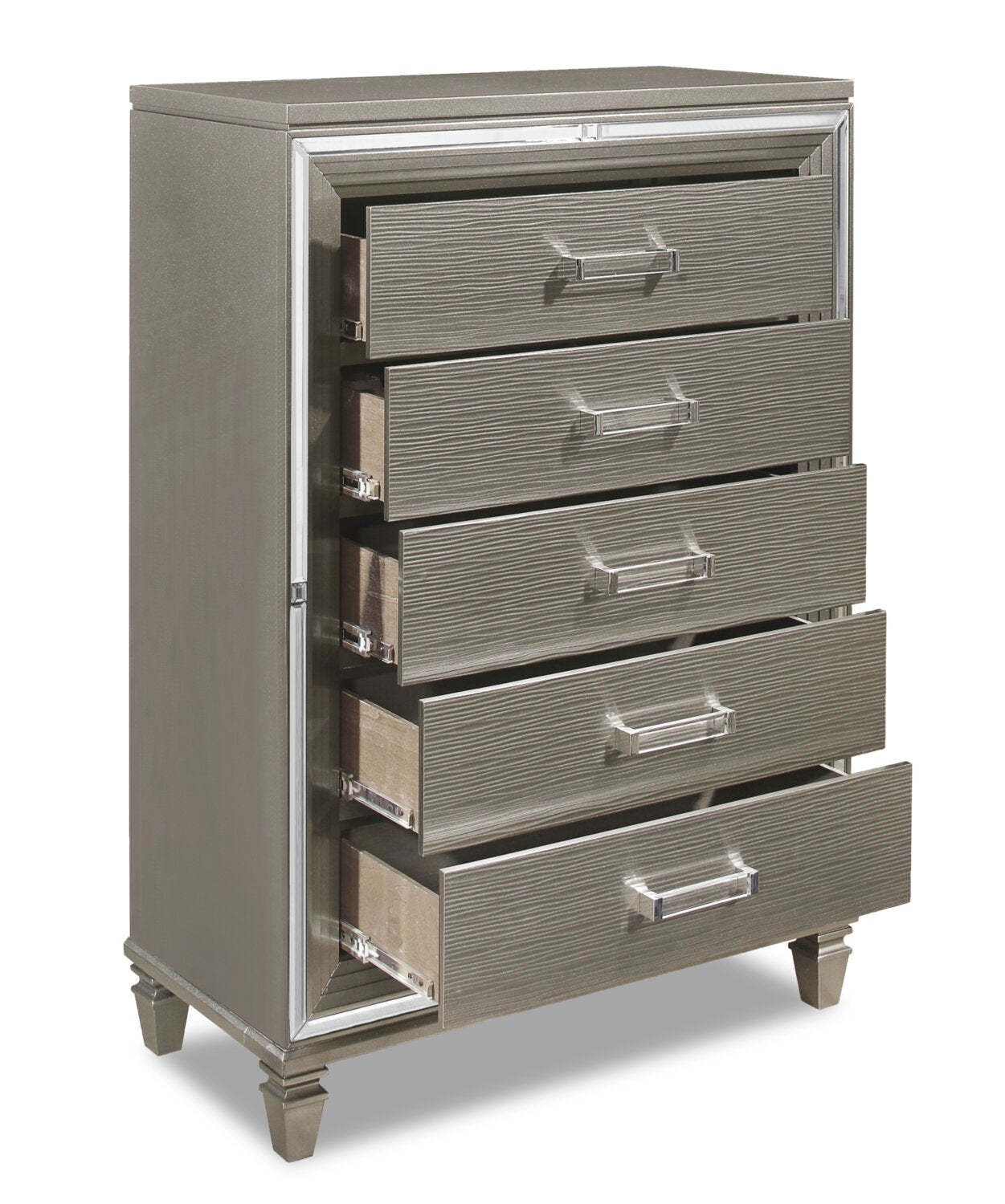 Max Bedroom Chest of Drawers, 5-Drawer, 38W x 54.3H, Glam - Silver | Commode verticale somptueuse Max de 38 po (L) x 54,3 po (H) à 5 tiroirs pour la chambre à coucher - argentée
