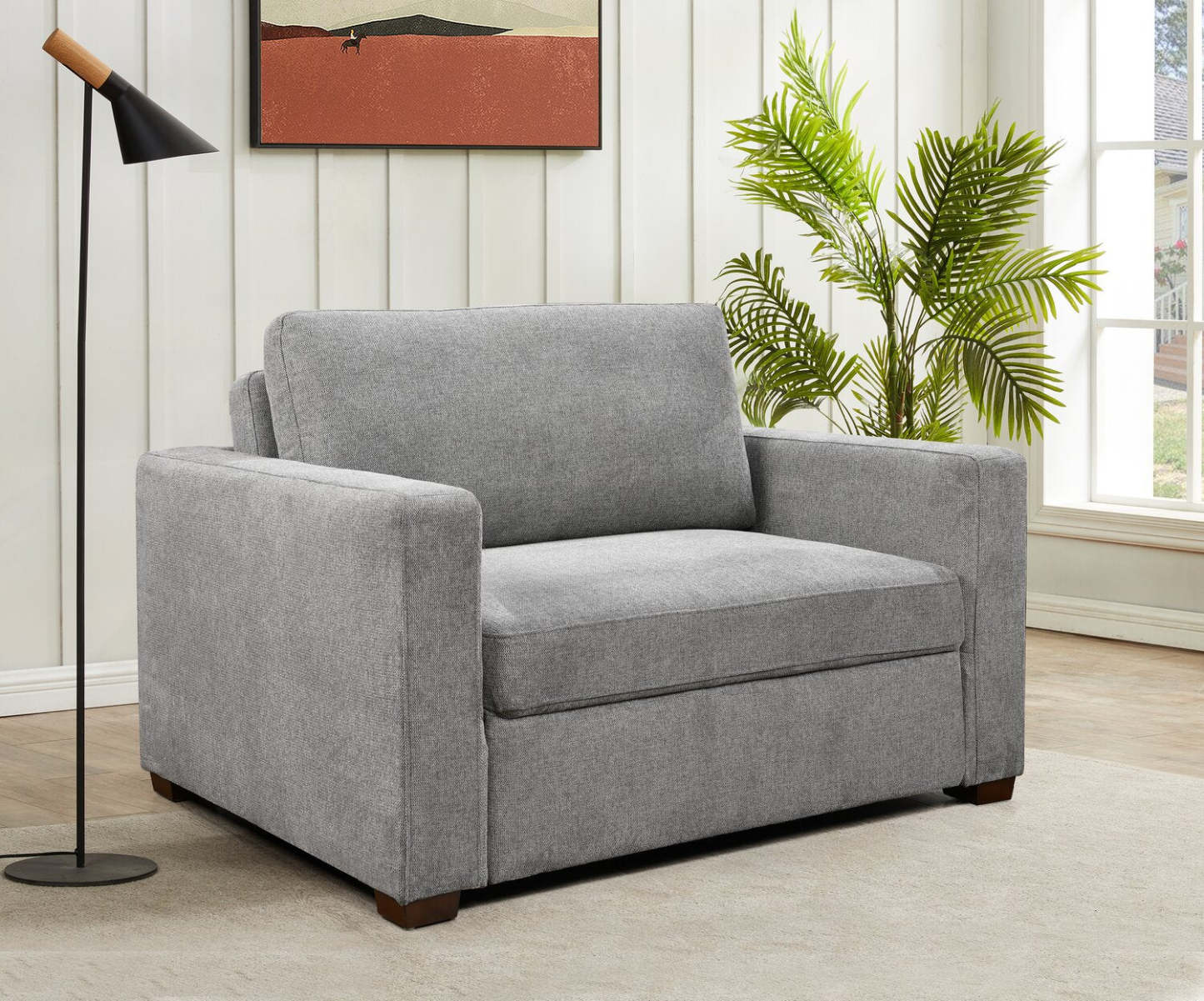 Fauteuil-lit Dusk de 52 po en tissu d’apparence lin avec accoudoirs rectilignes - gris
