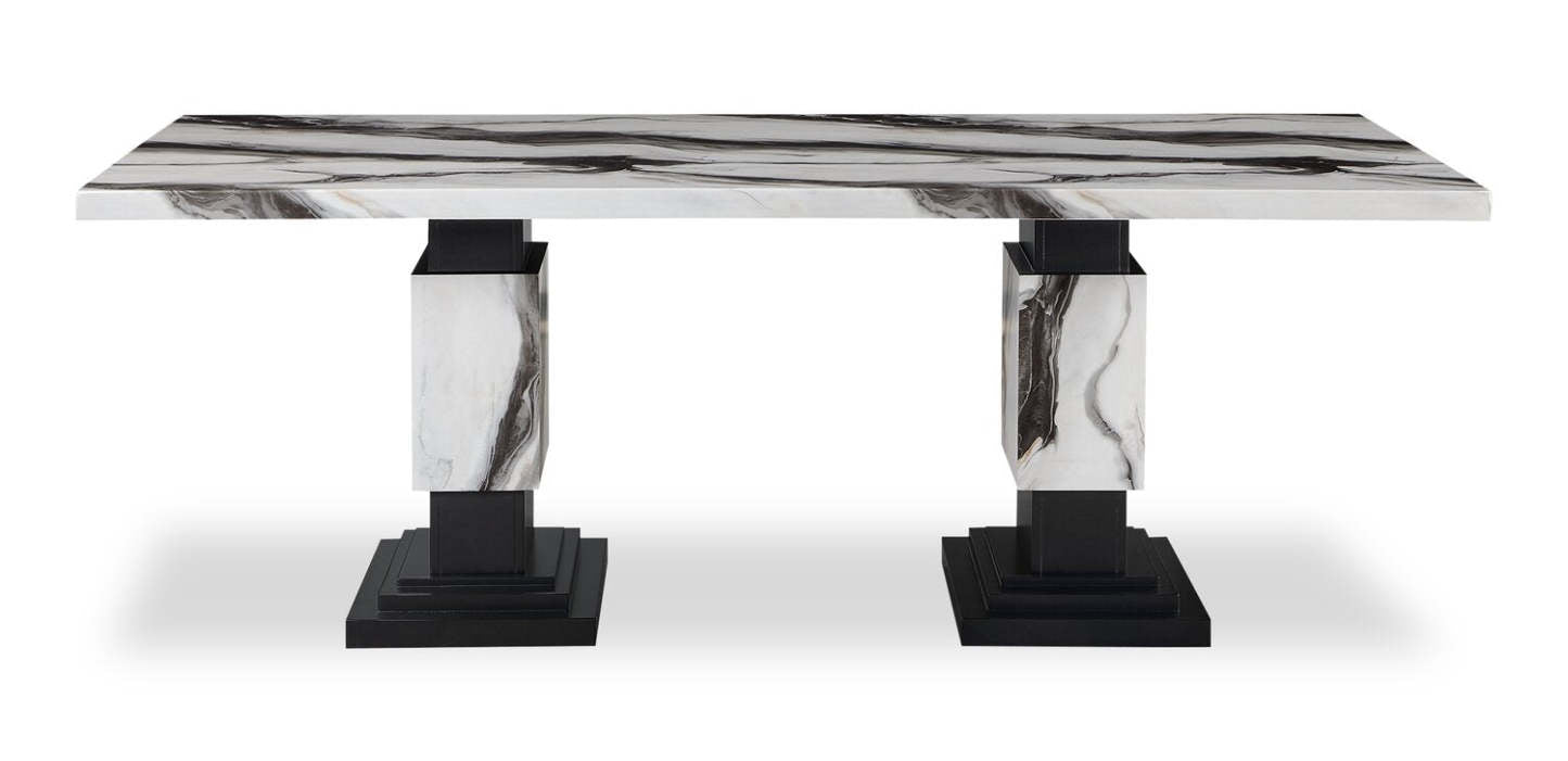 Ensemble de salle à manger Vega 7 pièces avec table de 82 po (L), imitation de marbre, piètement piédestal et 6 chaises - noir et blanc