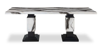 Ensemble de salle à manger Vega 7 pièces avec table de 82 po (L), imitation de marbre, piètement piédestal et 6 chaises - noir et blanc