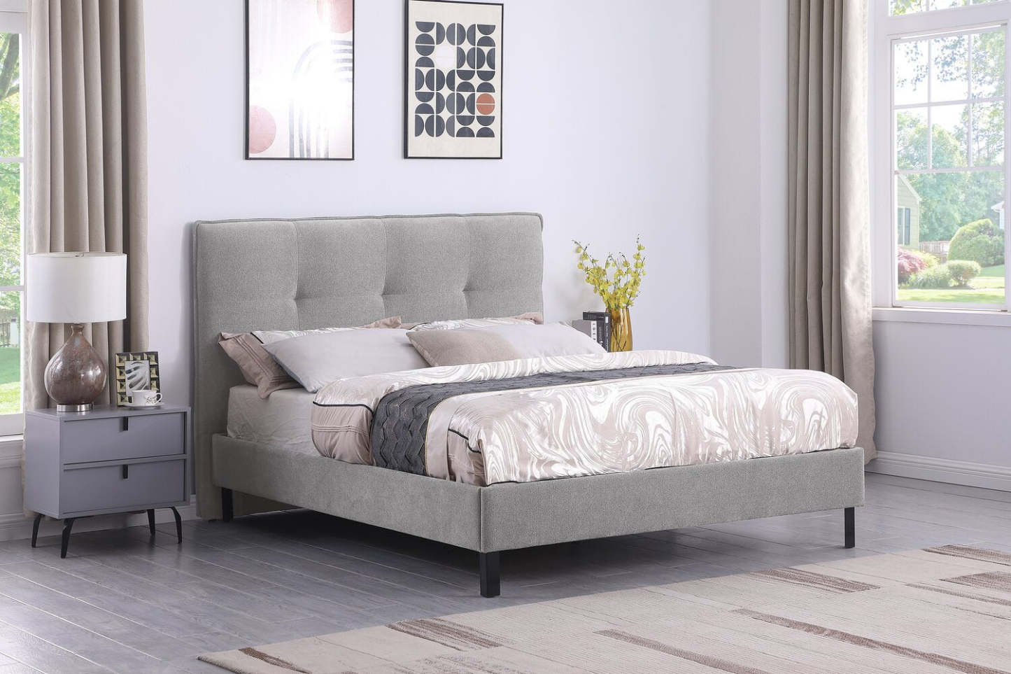 Tête de lit rembourrée Amos en tissu gris, touffetée - Queen Size | Tête de lit rembourrée Amos en tissu gris capitonné - format grand lit