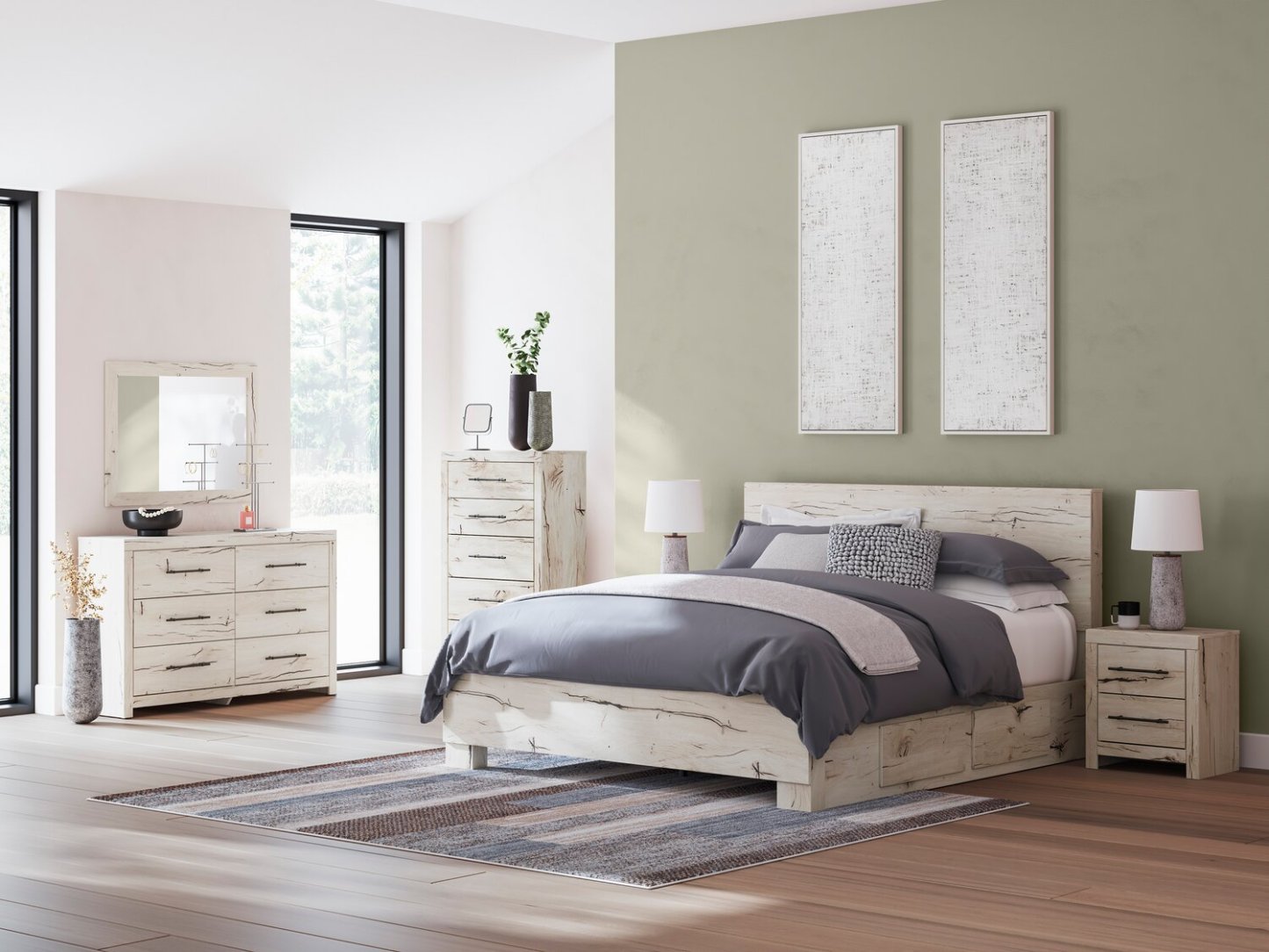 Lit de rangement Derekson blanc rustique avec 2 tiroirs latéraux intégrés - format très grand lit | Derekson Storage Bed with 2 Built-In Side Drawers, Rustic White - King Size