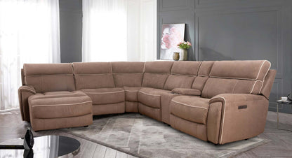 Cindy Crawford Home Newport 6-Piece Left-Facing Faux Suede Power Reclining Sectional with USB Port - Taupe | Canapé sectionnel inclinable électrique Newport de Cindy Crawford Home 6 pièces en suédine avec port USB - taupe