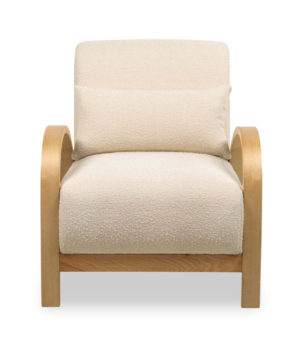 Loft 27.55 Chaise d'appoint en tissu bouclé avec oreiller décoratif et accoudoirs et pieds en bois - Blanc | Fauteuil d'appoint Loft de 27,55 po en tissu bouclé avec coussin décoratif, accoudoirs et pattes en bois - blanc