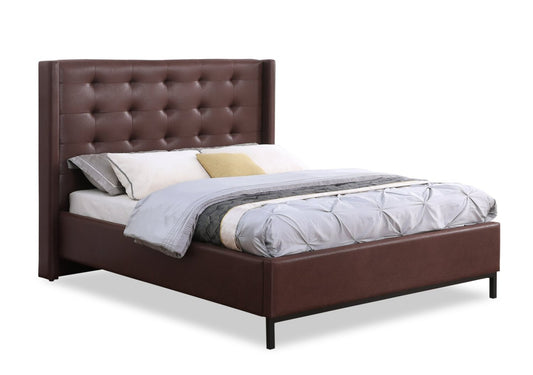 Lit plateforme rembourré Hugo en tissu de cuir végétalien marron, capitonné - King Size | Lit plateforme rembourré Hugo en tissu de cuir végétalien brun avec capitonnage - format très grand lit