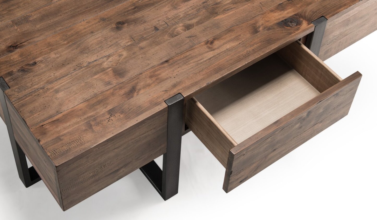 Table de salon moderne Manchester de 54 po avec rangement et tablette - bois brun avec base en fer