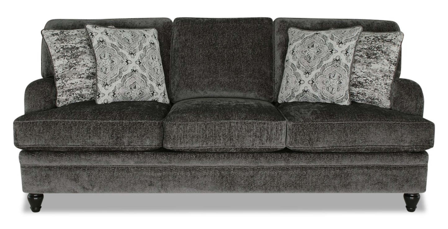 Sofa Bellmont de 89 po fabriqué au Canada en tissu de chenille avec coussins réversibles et pattes en bois - gris anthracite