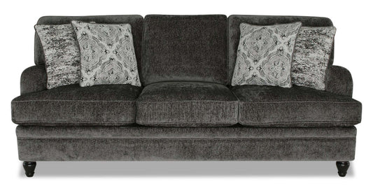 Sofa Bellmont de 89 po fabriqué au Canada en tissu de chenille avec coussins réversibles et pattes en bois - gris anthracite