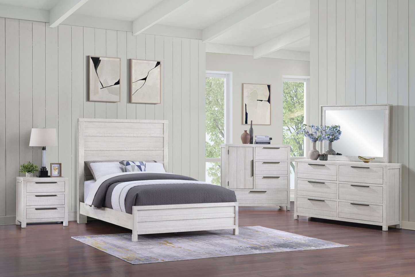 Ensemble de chambre à coucher Haven 6 pièces blanc avec lit à panneaux, commode, miroir et table de nuit - format grand lit | Haven 6pc Bedroom Set with Panel Bed, Dresser, Mirror & Nightstand, White - Queen Size