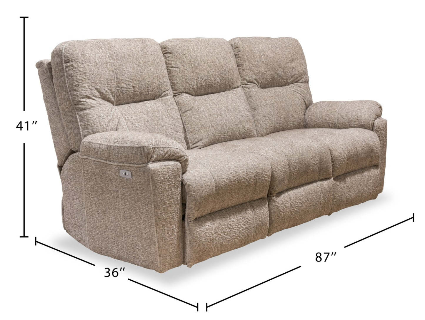 Sofa à inclinaison électrique Dawson de 87 po fabriqué au Canada en tissu avec port USB et coussins décoratifs - beige