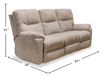 Sofa à inclinaison électrique Dawson de 87 po fabriqué au Canada en tissu avec port USB et coussins décoratifs - beige