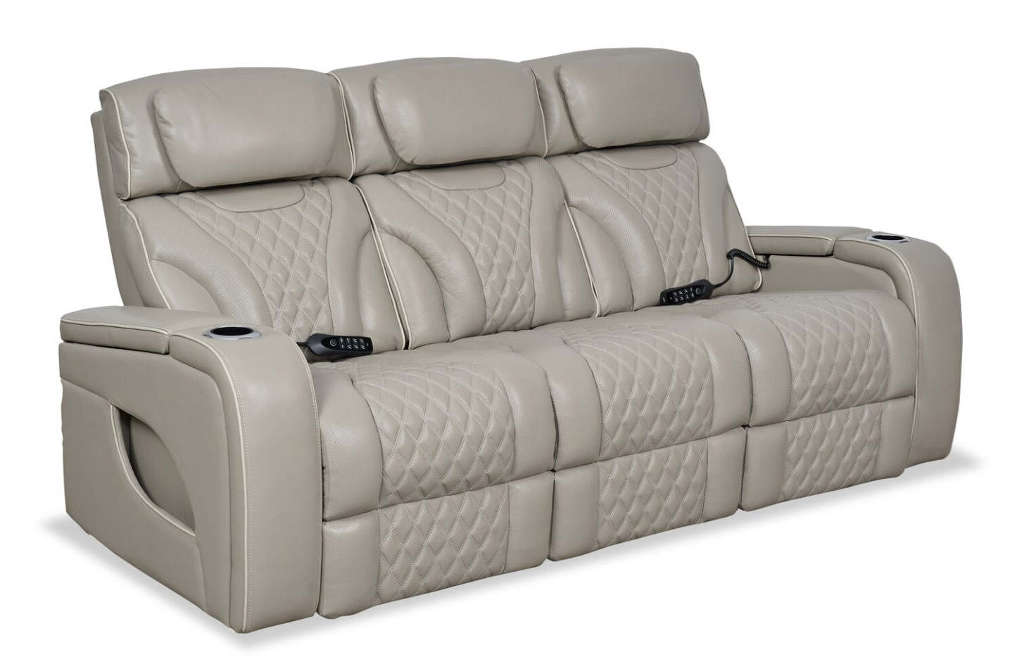 Elite 86 Genuine Leather Massage Power Reclining Sofa with Power Headrests and Storage Arms - Grey | Sofa de massage à inclinaison électrique Elite de 86 po en cuir véritable avec appuie-têtes électriques et accoudoirs de rangement - gris