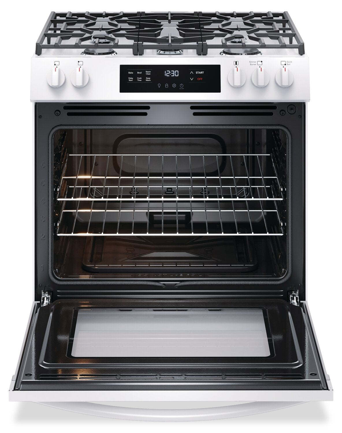 Cuisinière à gaz Frigidaire de 5,1 pi³ avec préchauffage rapide et surface de cuisson à 5 brûleurs - Blanc - FCFG3062AW | Frigidaire 5.1 Cu. Ft. Gas Range With Quick Preheat and Five Burner Cooktop -…