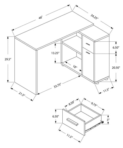 Bureau d'ordinateur en forme de L Bristol 46 avec étagères, tiroir et armoire - Gris|Bureau d'ordinateur en forme de L Bristol de 46 po avec tablettes, tiroir et armoire - gris