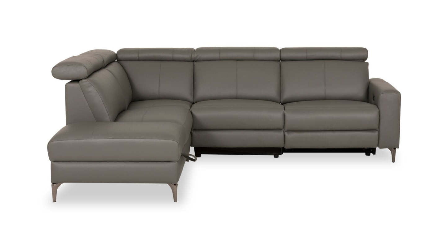 Sofa sectionnel de gauche à inclinaison électrique Valentino 3 pièces en cuir véritable avec appuie-têtes réglables - gris
