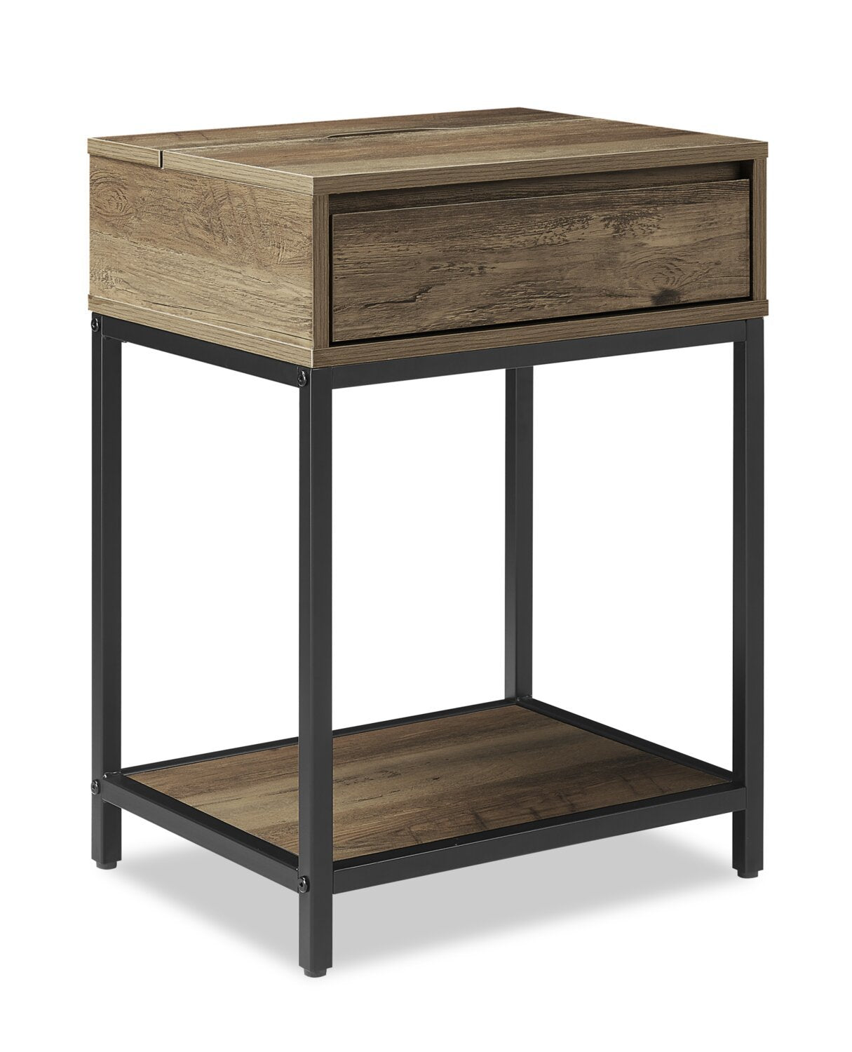 Table de nuit Akio à 1 tiroir avec rangement relevable, 18 L x 25,75 H - Marron/Noir | Table de nuit Akio de 18 po (l) x 25,75 po (H) à 1 tiroir avec dessus relevable et rangement - brune et noire