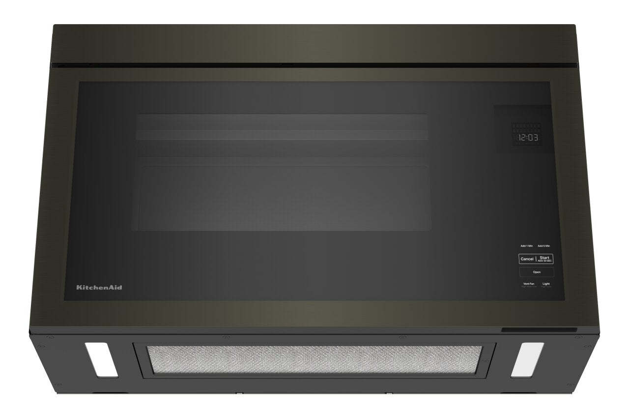 Four à micro-ondes à hotte intégrée KitchenAid de 1,1 pi³ à installation affleurée avec cuisson à 900 Watts - Acier inoxydable noir - YKM… | KitchenAid 1.1 Cu. Ft. Flush Over-the-Range Microwave with 900 Watts Cooking - Black Stainless - YKM…