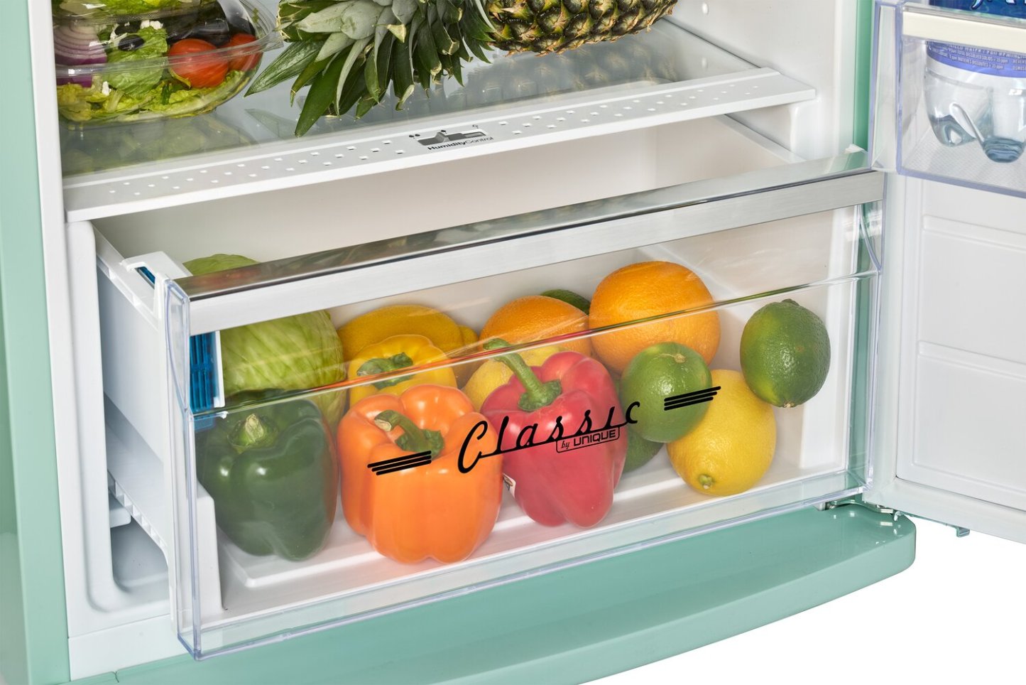 Unique Classique Rétro 24 11 Pi Cu. Réfrigérateur à congélateur supérieur – Vert menthe d'été - UNQ-310L LG MC | Réfrigérateur Classic Rétro d'Unique de 24 po et de 11 pi3 à congélateur supérieur - vert menthe estival - UNQ-310L LG TM