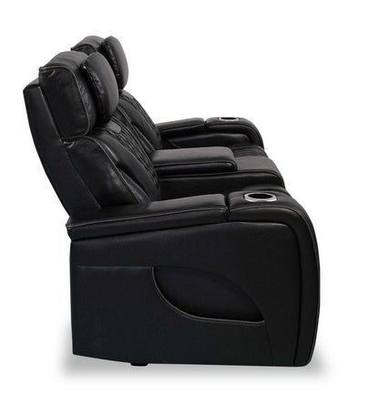 Elite 74 Genuine Leather Massage Power Reclining Loveseat with Power Headrests and Storage Arms - Black | Causeuse de massage à inclinaison électrique Elite de 74 po en cuir véritable avec appuie-têtes électriques et accoudoirs de rangement - noire