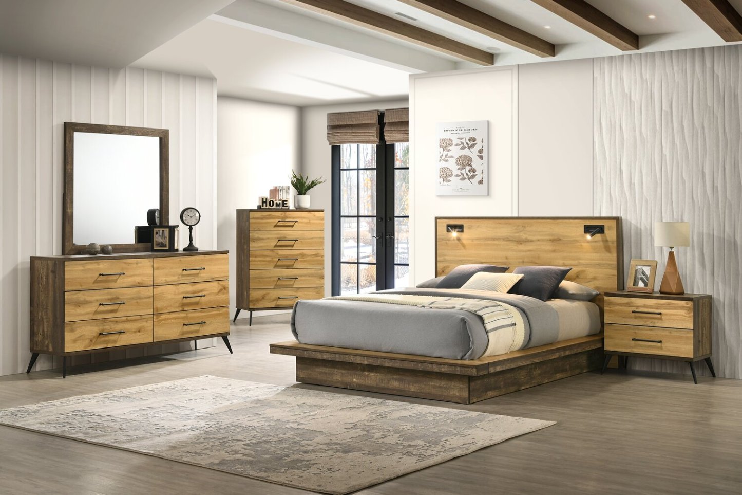 Lit plateforme Silas avec tête de lit et cadre, LED, brun rustique - Pleine grandeur | Lit plateforme Silas brun rustique avec tête de lit, cadre et éclairage à DEL - format lit double