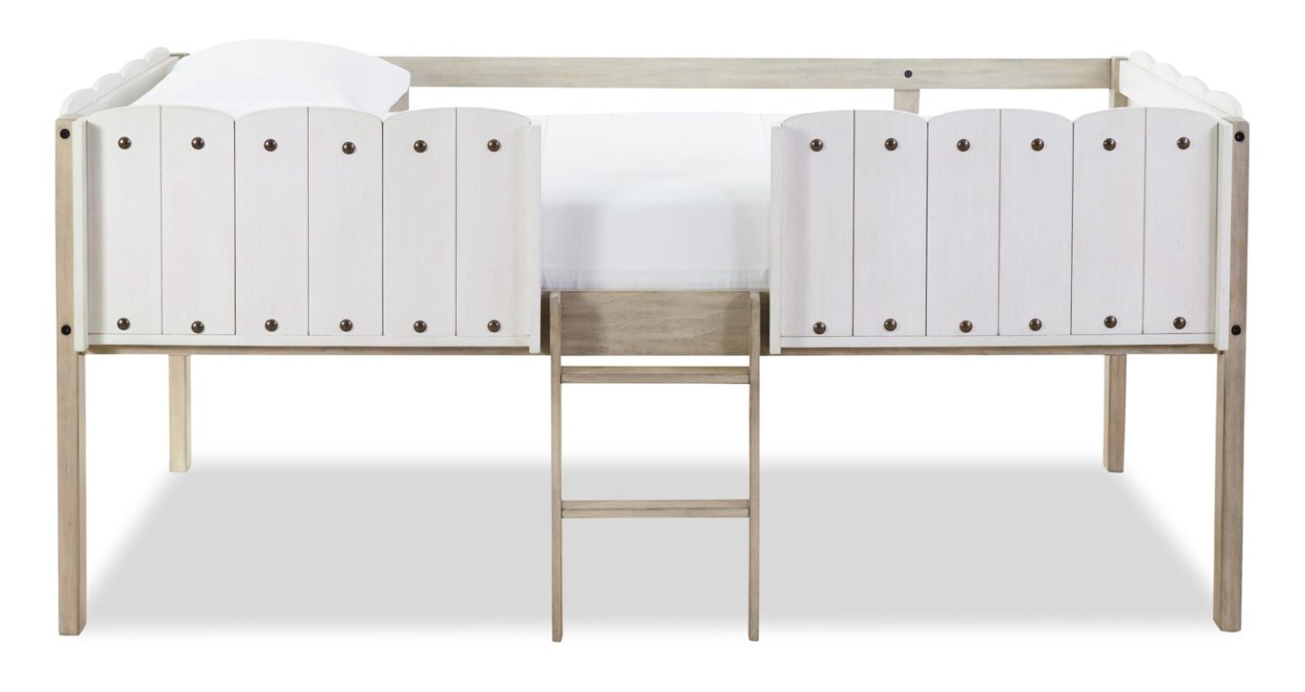 Lit mezzanine Ryan avec garde-corps et échelle pour enfants, blanc et naturel - format lit simple