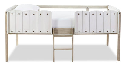 Lit mezzanine Ryan avec garde-corps et échelle pour enfants, blanc et naturel - format lit simple