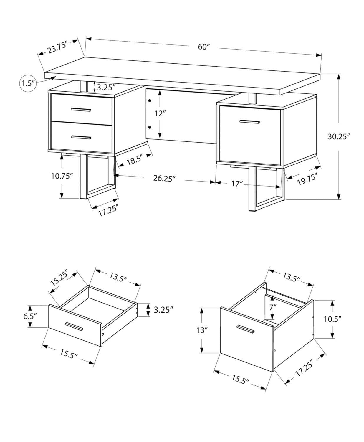 Bureau réversible Teagan 60 à 3 tiroirs - Gris foncé|Bureau réversible Teagan de 60 po à 3 tiroirs - gris foncé