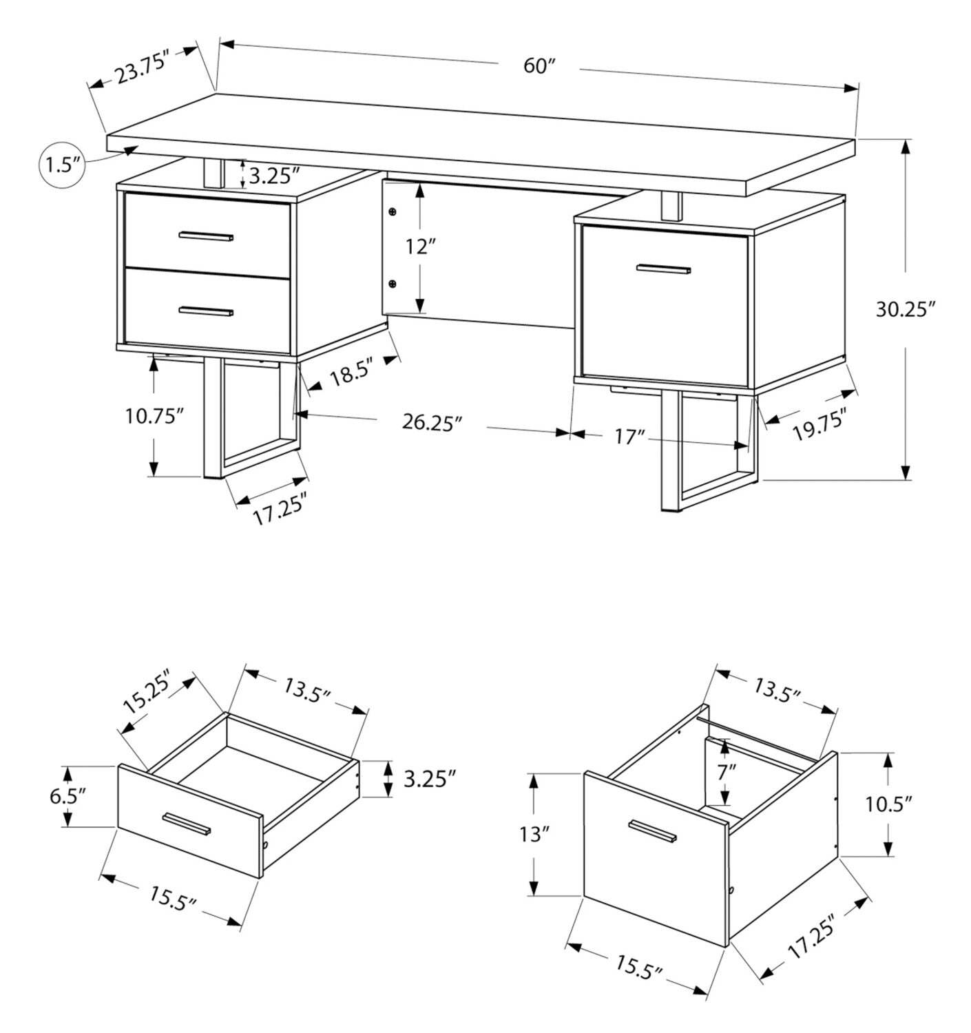 Bureau réversible Teagan 60 à 3 tiroirs - Taupe clair|Bureau réversible Teagan de 60 po à 3 tiroirs - taupe clair