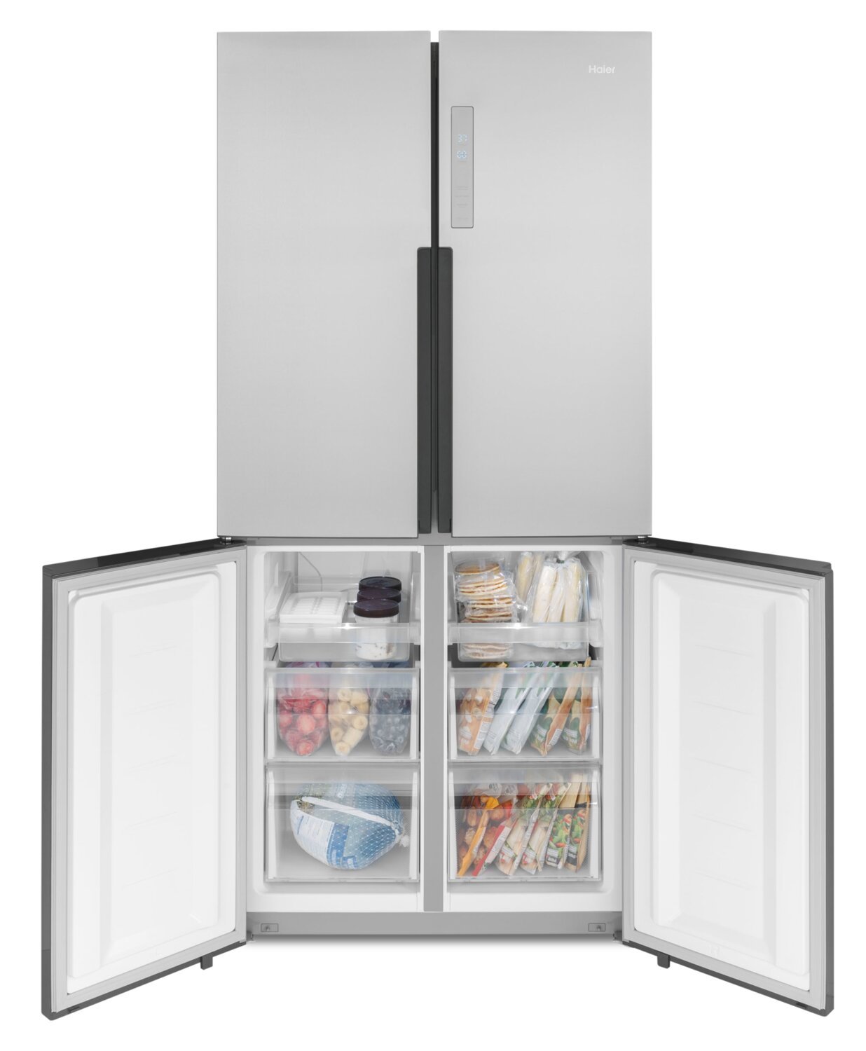 Réfrigérateur Haier de 33 16,4 pi³ à 4 portes - acier inoxydable résistant aux traces de doigts - QHE16HYPFS | Haier 33 16,4 Cu. Ft. Quad Door Refrigerator - Stainless Steel Fingerprint Resistant