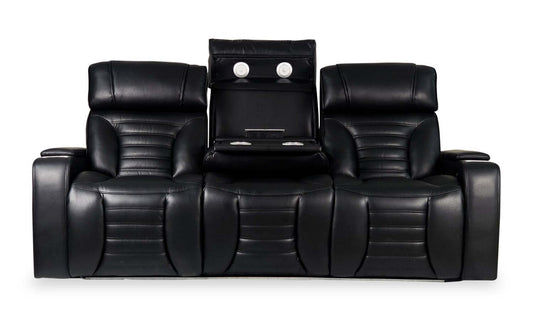 Sofa de massage à inclinaison électrique Zen de 86 po en tissu d’apparence cuir avec appuie-têtes électriques et console rabattable - noir