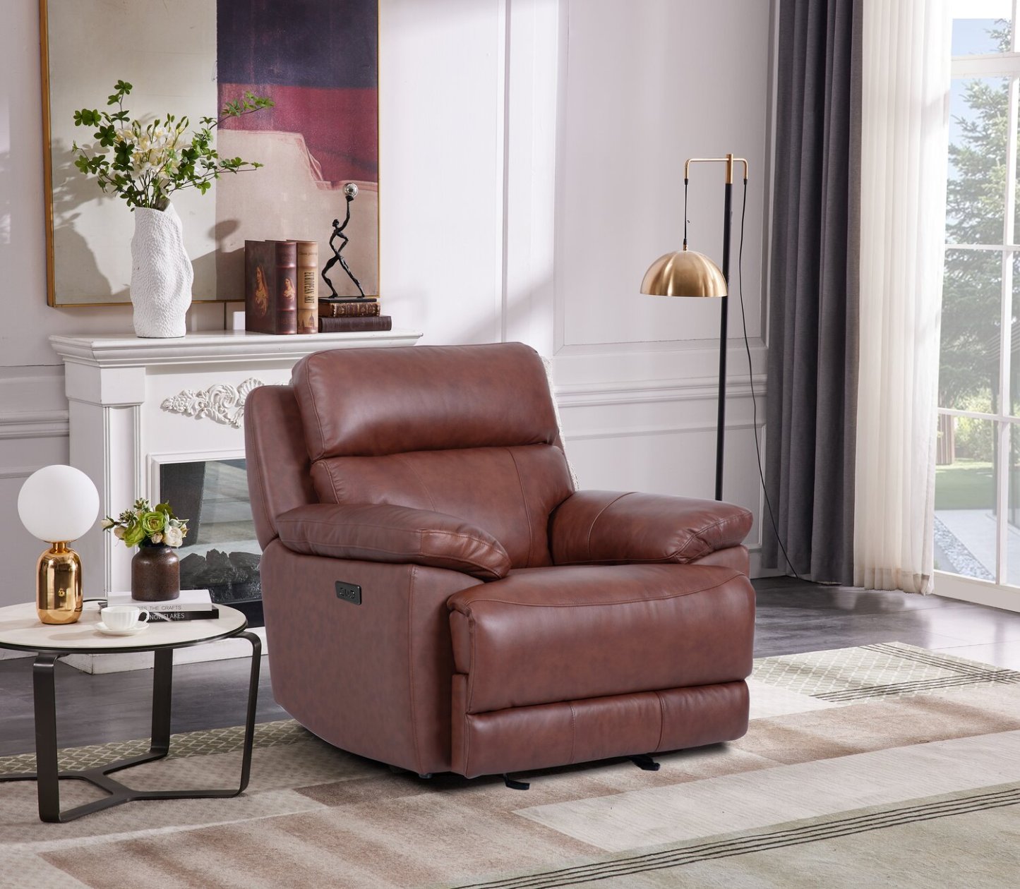 Fauteuil à inclinaison électrique Sorrento 42 en cuir véritable avec port USB - Madrid brique brun | Fauteuil inclinable électrique Sorrento de 42 po en cuir avec véritable port USB - brun brique de Madrid