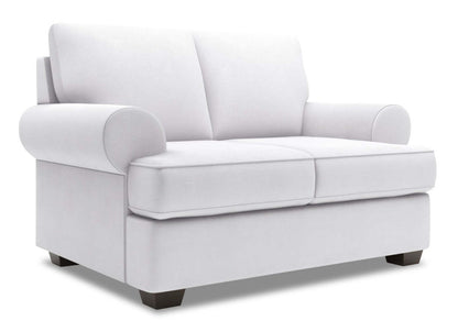 Fabriqué au Canada Causeuse personnalisable Roll de Sofa Lab de 64 po en tissu d'apparence lin avec accoudoirs enroulés - blanc Pax Ice | RO203449