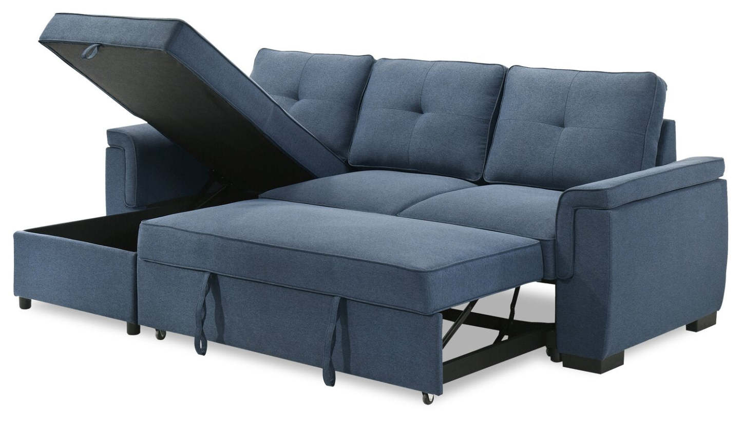 Sofa-lit sectionnel réversible Eden 2 pièces en tissu avec fauteuil long de rangement et coussins de dossier amovibles - bleu