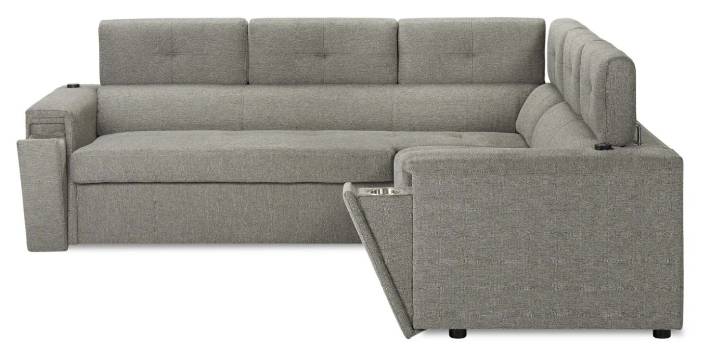 Savvy 2-Piece Left-Facing Linen-Look Fabric Sectional with Adjustable Headrests, Cupholders and USB Port - Grey | Sofa sectionnel de gauche Savvy 2 pièces en tissu d’apparence lin avec appuie-têtes réglables, porte-gobelets et port USB - gris