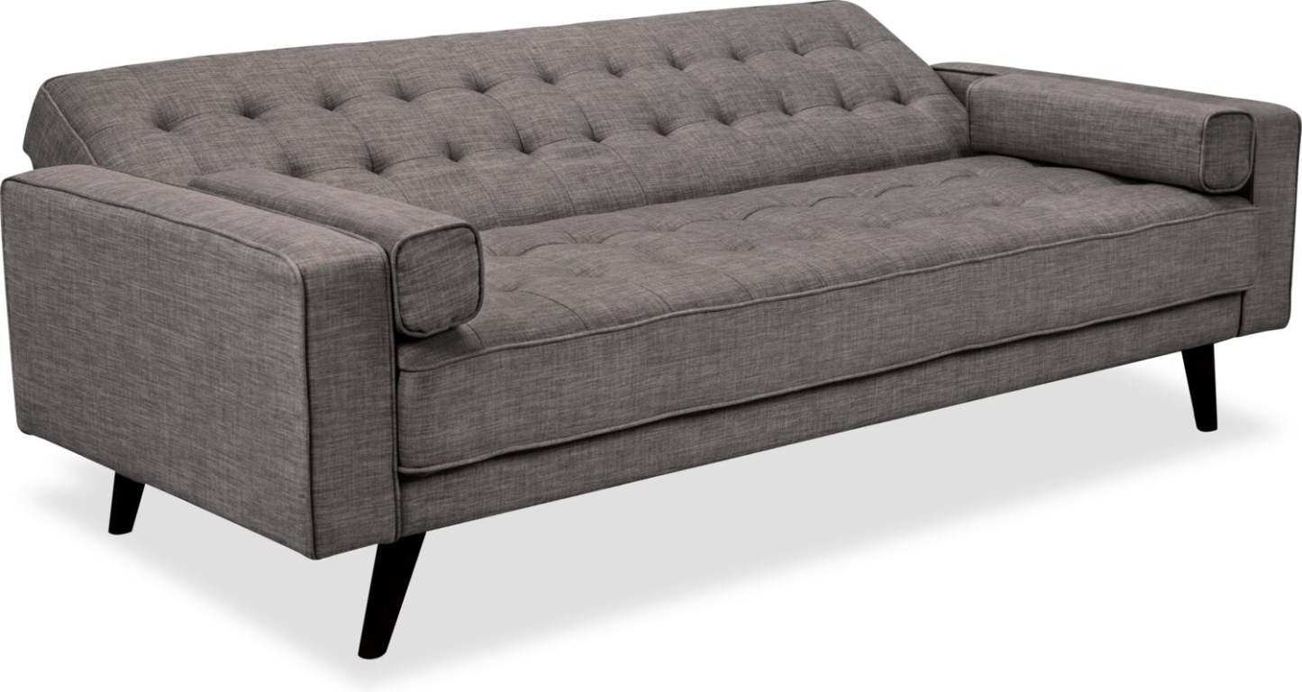 Futon Klik Klak Avery 81,5 en tissu d'apparence lin avec capitonnage et deux oreillers d'accoudoir - Gris | Futon Avery de 81,5 po en tissu d'apparence lin avec mécanisme Klik Klak, capitonnage et deux accoudoirs coussinés - gris