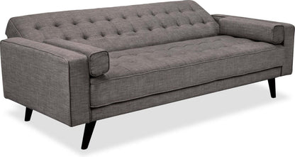 Futon Klik Klak Avery 81,5 en tissu d'apparence lin avec capitonnage et deux oreillers d'accoudoir - Gris | Futon Avery de 81,5 po en tissu d'apparence lin avec mécanisme Klik Klak, capitonnage et deux accoudoirs coussinés - gris