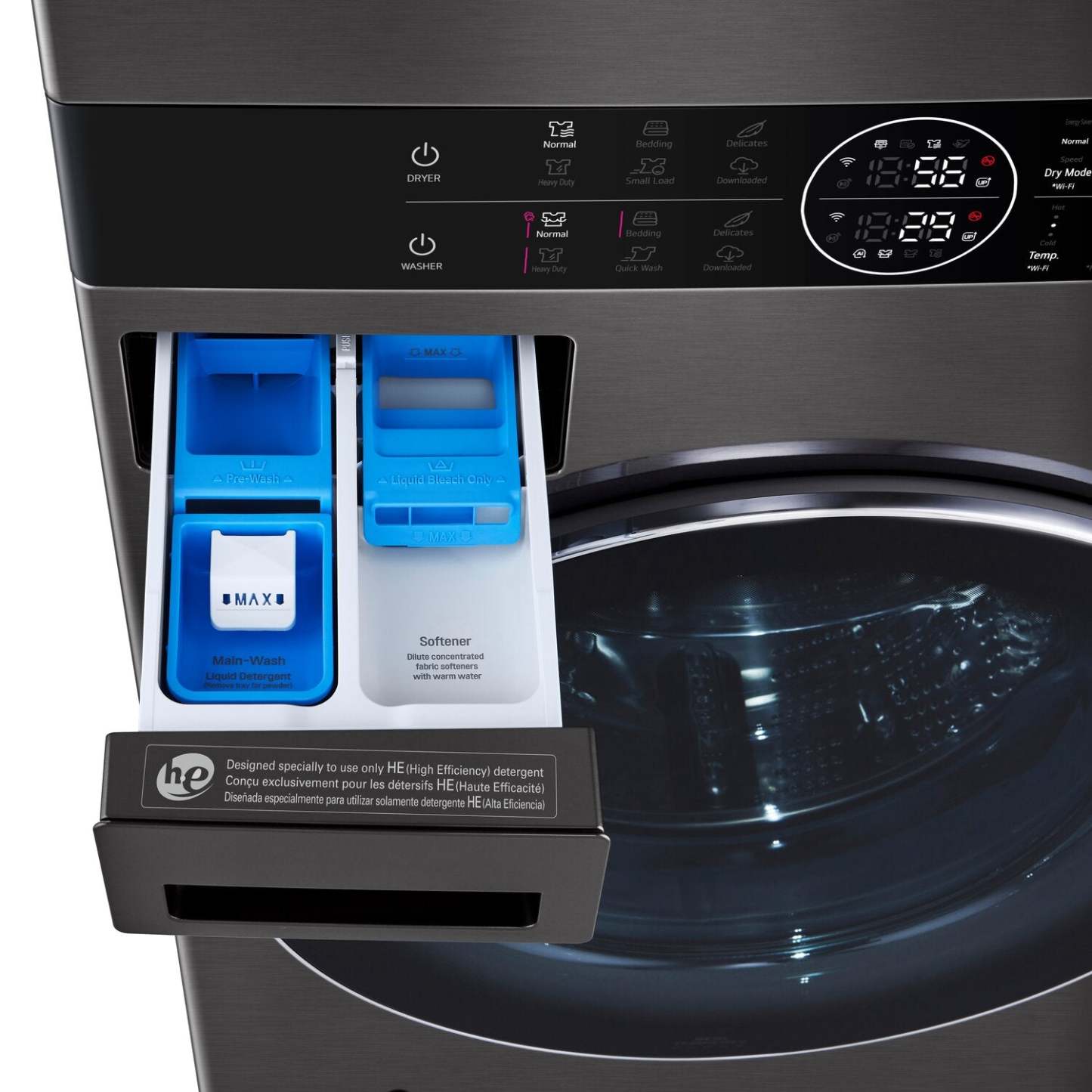 Laveuse LG 5,8/Sécheuse 7,8 Cu. Fort. Tour de lavage haute efficacité à chargement frontal™ - Acier noir - WKHC252HBA | Tour de lavage WashTowerMC haute efficacité LG à chargement frontal avec laveuse de 5,8 pi³ et séche…
