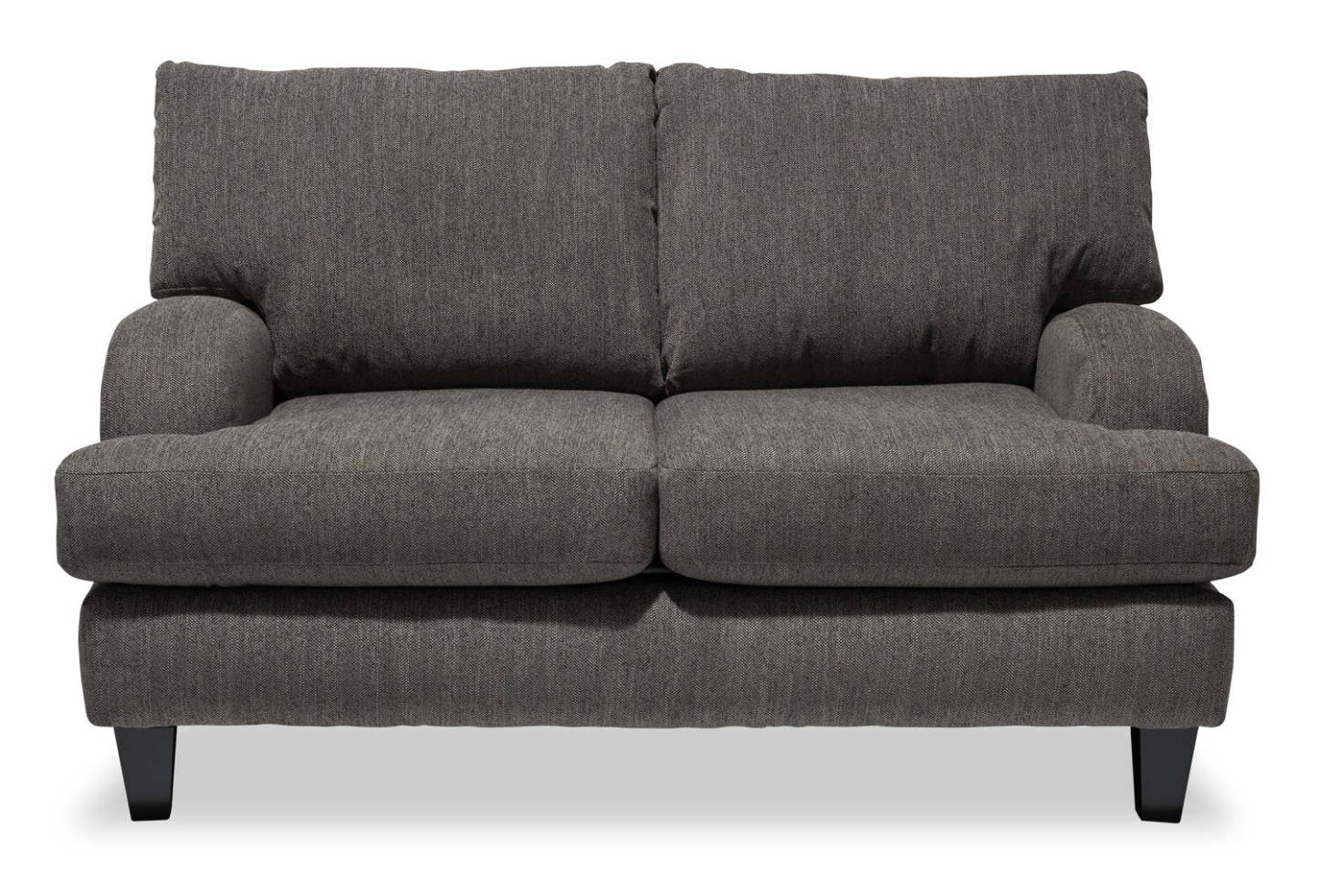 Made in Canada Nofia 58 Chenille Fabric Loveseat with Two Accent Pillows and Wood Legs - Charcoal Grey | Causeuse Nofia de 58 po fabriquée au Canada en tissu de chenille avec 2 coussins décoratifs et pattes en bois - gris anthracite
