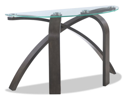 Jorja 46 Modern Glass Top Sofa Table - Brown with Bentwoood Legs|Table de salon moderne Jorja de 46 po avec dessus en verre - brune avec pattes en bois cintré