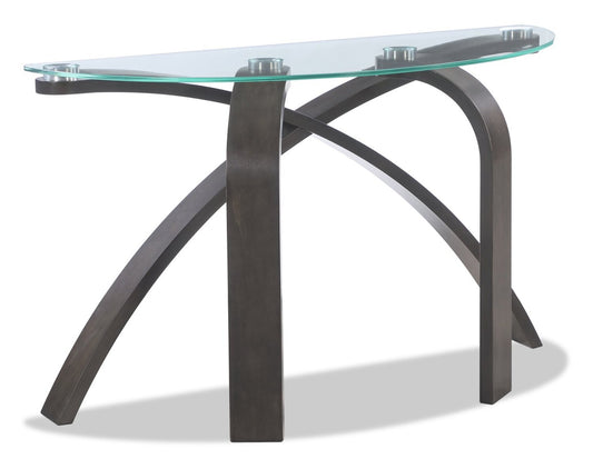 Jorja 46 Modern Glass Top Sofa Table - Brown with Bentwoood Legs|Table de salon moderne Jorja de 46 po avec dessus en verre - brune avec pattes en bois cintré