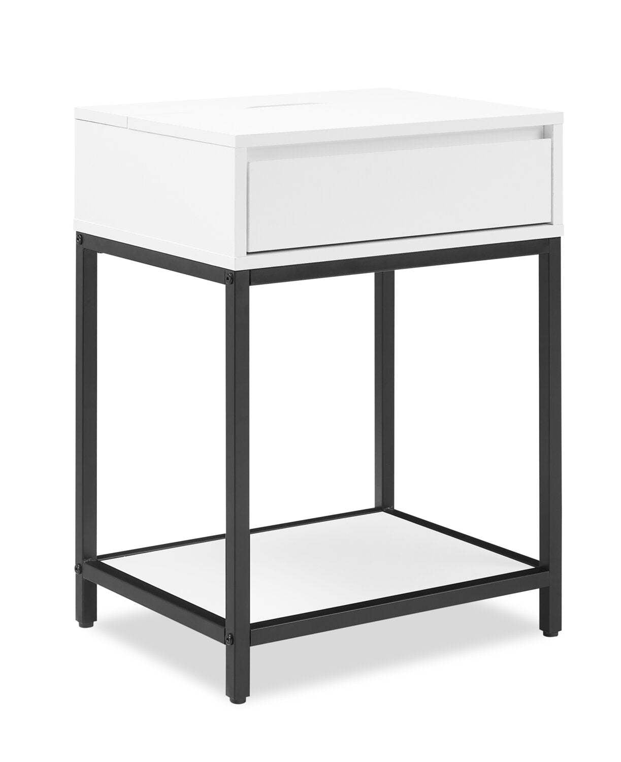 Table de nuit Akio à 1 tiroir avec rangement relevable, 18 L x 25,75 H - Blanc/Noir | Table de nuit Akio de 18 po (l) x 25,75 po (H) à 1 tiroir avec dessus relevable et rangement - blanche et noire