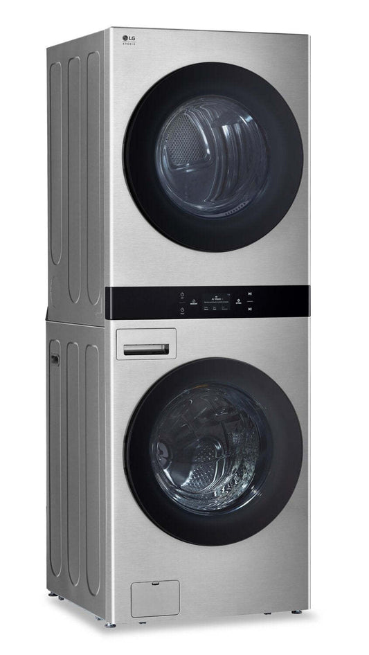 LG Studio 5.8 Washer/7.4 Dryer Cu. Ft. Front-Load High-Efficiency Steam Washtower™ - Nobel Steel - S… | Tour de lavage WashTowerMC à la vapeur haute efficacité LG Studio à chargement frontal avec laveuse …