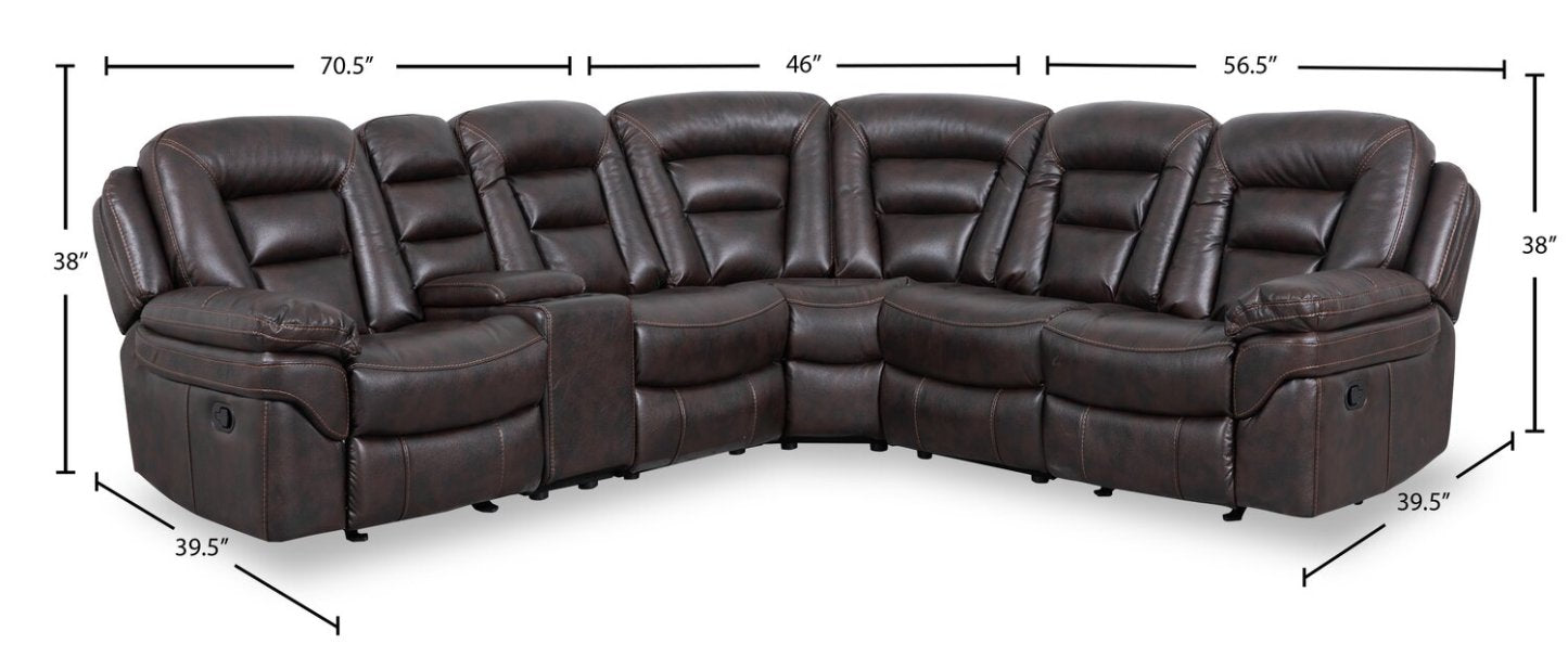 Sofa sectionnel inclinable Leo 6 pièces en tissu d’apparence cuir avec console de rangement et 2 porte-gobelets - brun noyer
