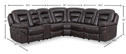 Sofa sectionnel inclinable Leo 6 pièces en tissu d’apparence cuir avec console de rangement et 2 porte-gobelets - brun noyer