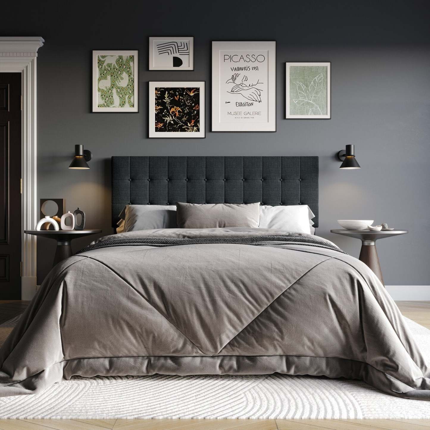 Tête de lit rembourrée Ellis en tissu anthracite, capitonné à boutons - Queen Size | Tête de lit rembourrée Ellis en tissu anthracite avec capitonnage à boutons - format grand lit