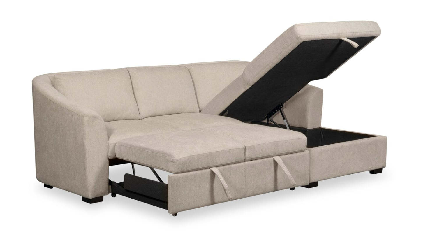 Canapé-lit sectionnel Envy 2 pièces orienté vers la droite en tissu chenille avec méridienne de rangement - Beige amande | Canapé-lit sectionnel de droite Envy 2 pièces en tissu chenille avec méridienne de rangement - beige amande