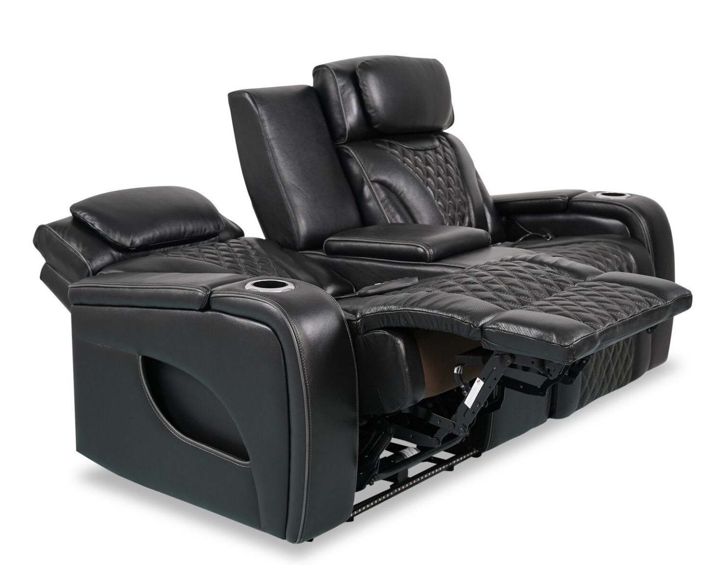 Elite 74 Genuine Leather Massage Power Reclining Loveseat with Power Headrests and Storage Arms - Black | Causeuse de massage à inclinaison électrique Elite de 74 po en cuir véritable avec appuie-têtes électriques et accoudoirs de rangement - noire